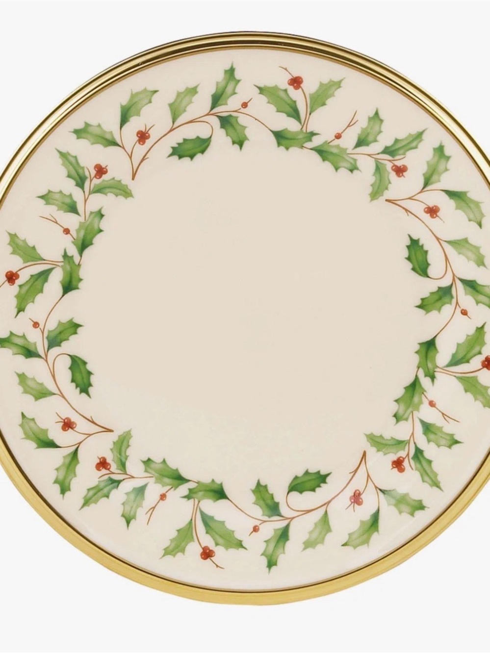 Lenox Holiday Holly Plate in Cream, Green and Red with Gold Trim